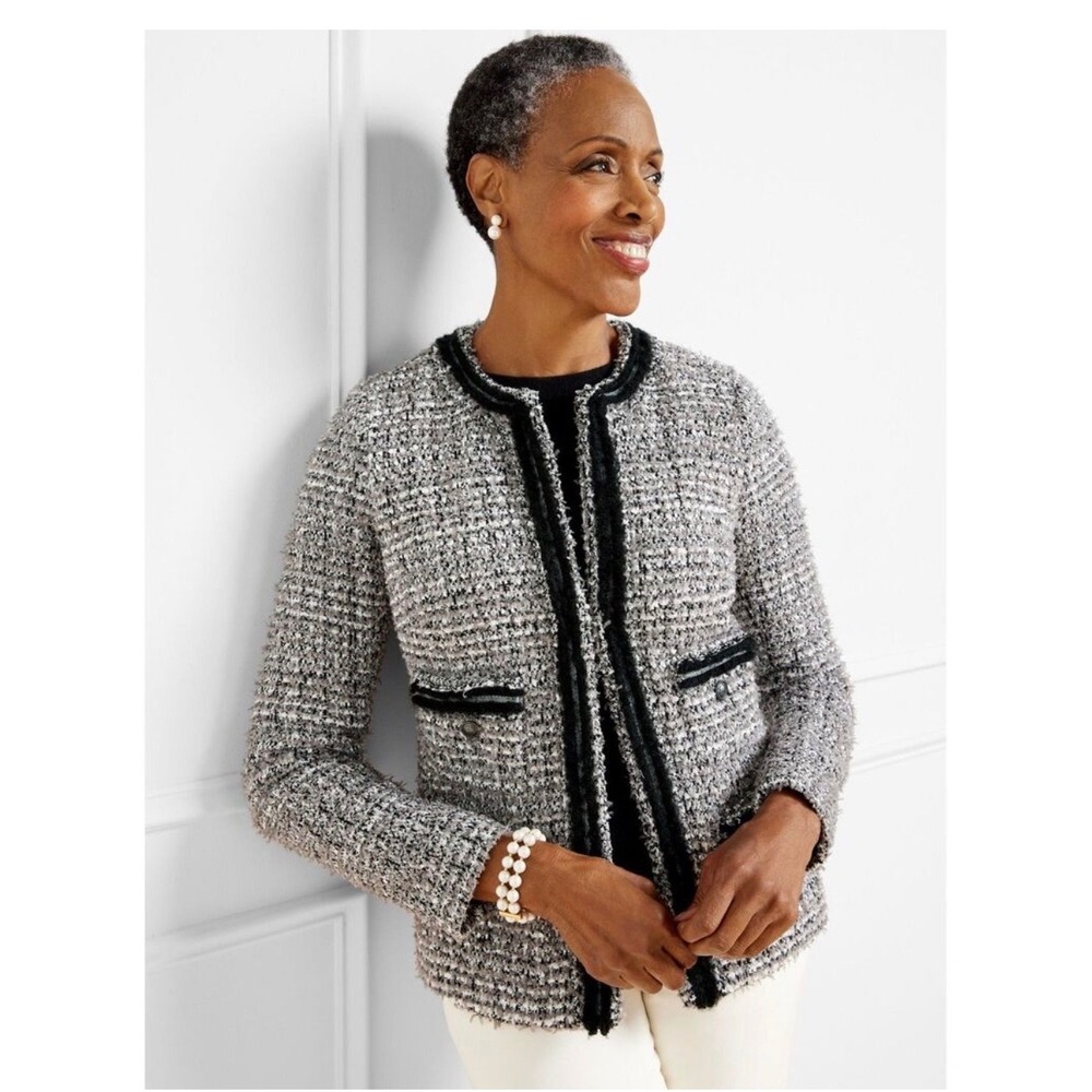 TALBOTS Twinkling Metallic Tweed Blazer Jacket Size 12 Black‎ White NEW Career
